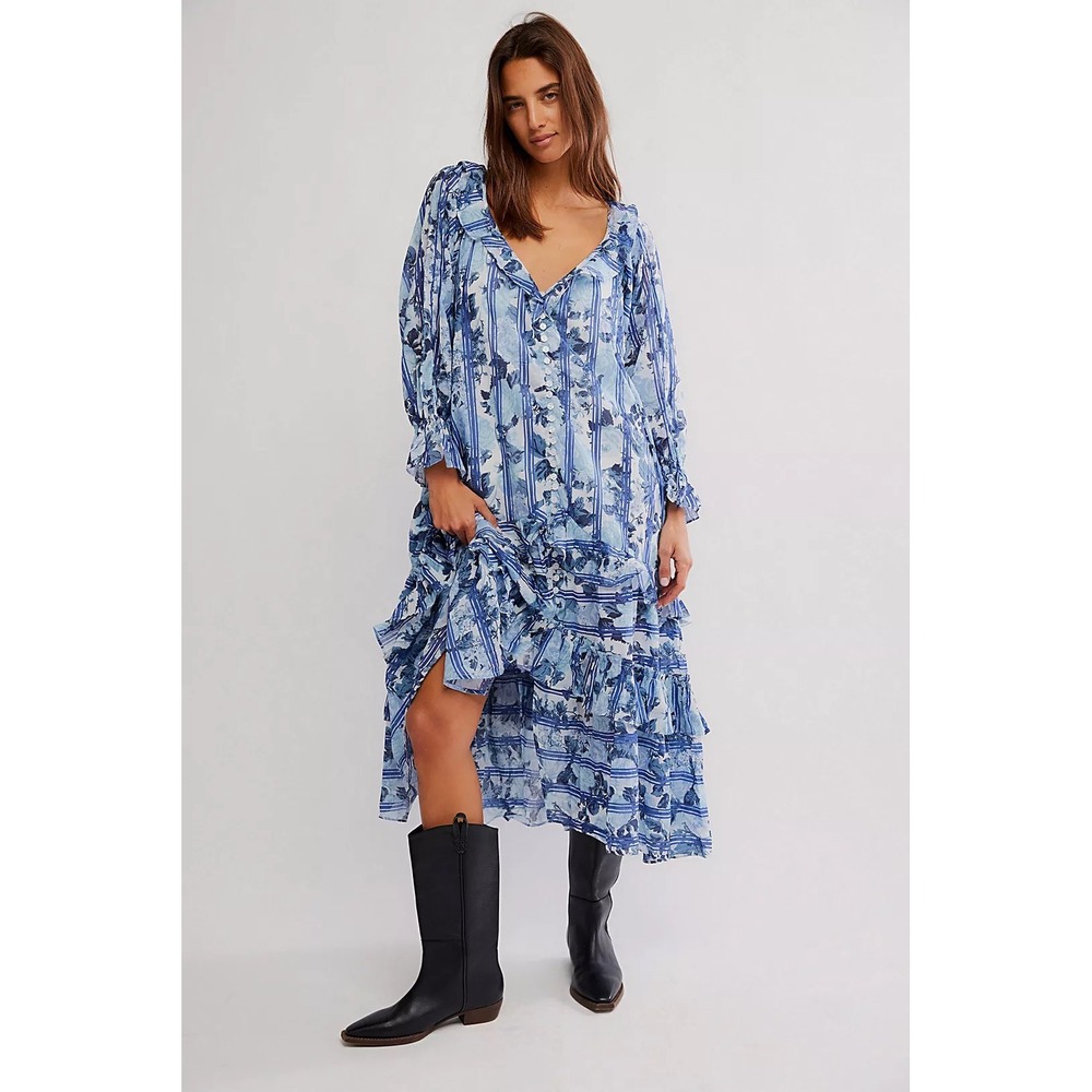 Free People Maxi Dress Womens L Floral Ruffle Button Front Slip Oversized Boho